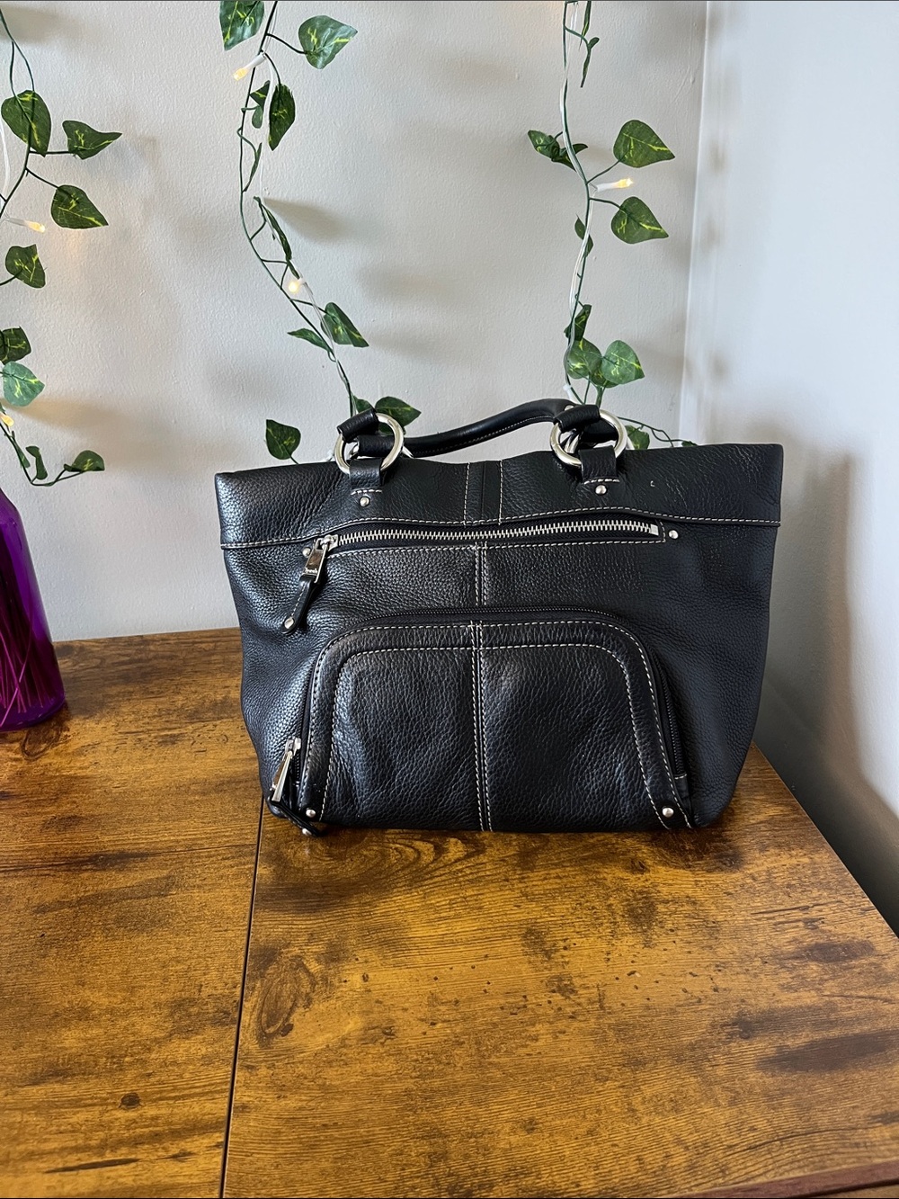 Tignanello Black Pebbled Leather Tote with Front Zip Pocket